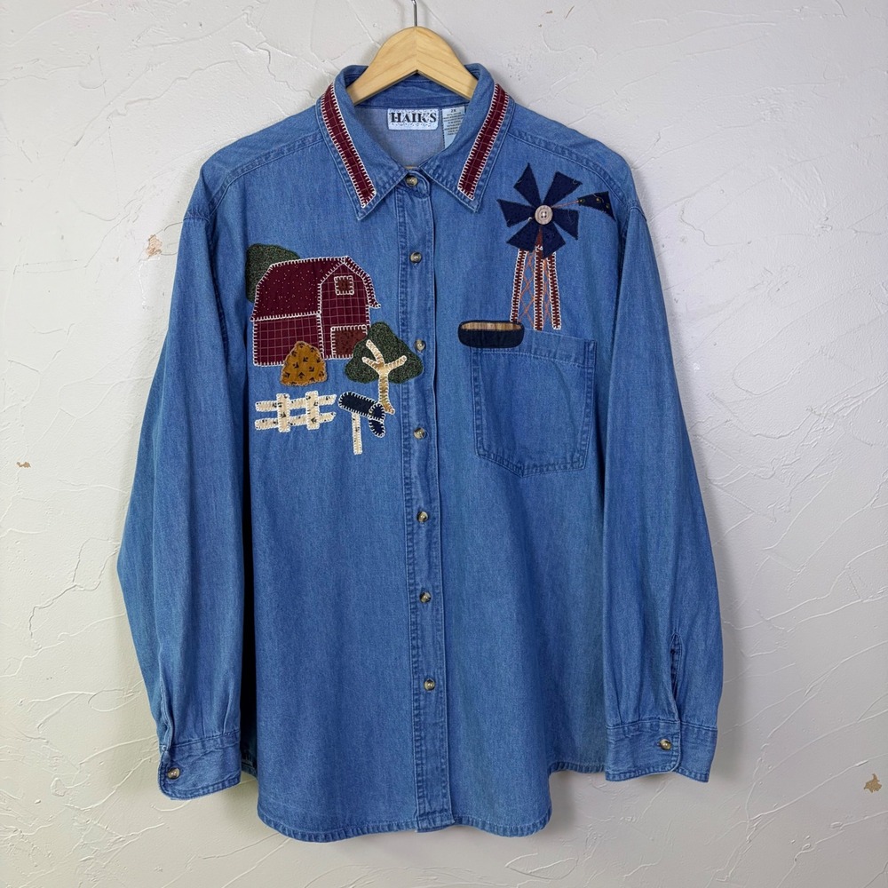 Haiks Denim Button Up Shirt Womens 2X Blue Farm Barn Windmill Applique Shirt